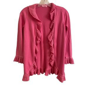 Lilly Pulitzer Pink Ruffle Cascading Kiernan Cardigan Sweater Metallic Ruffles